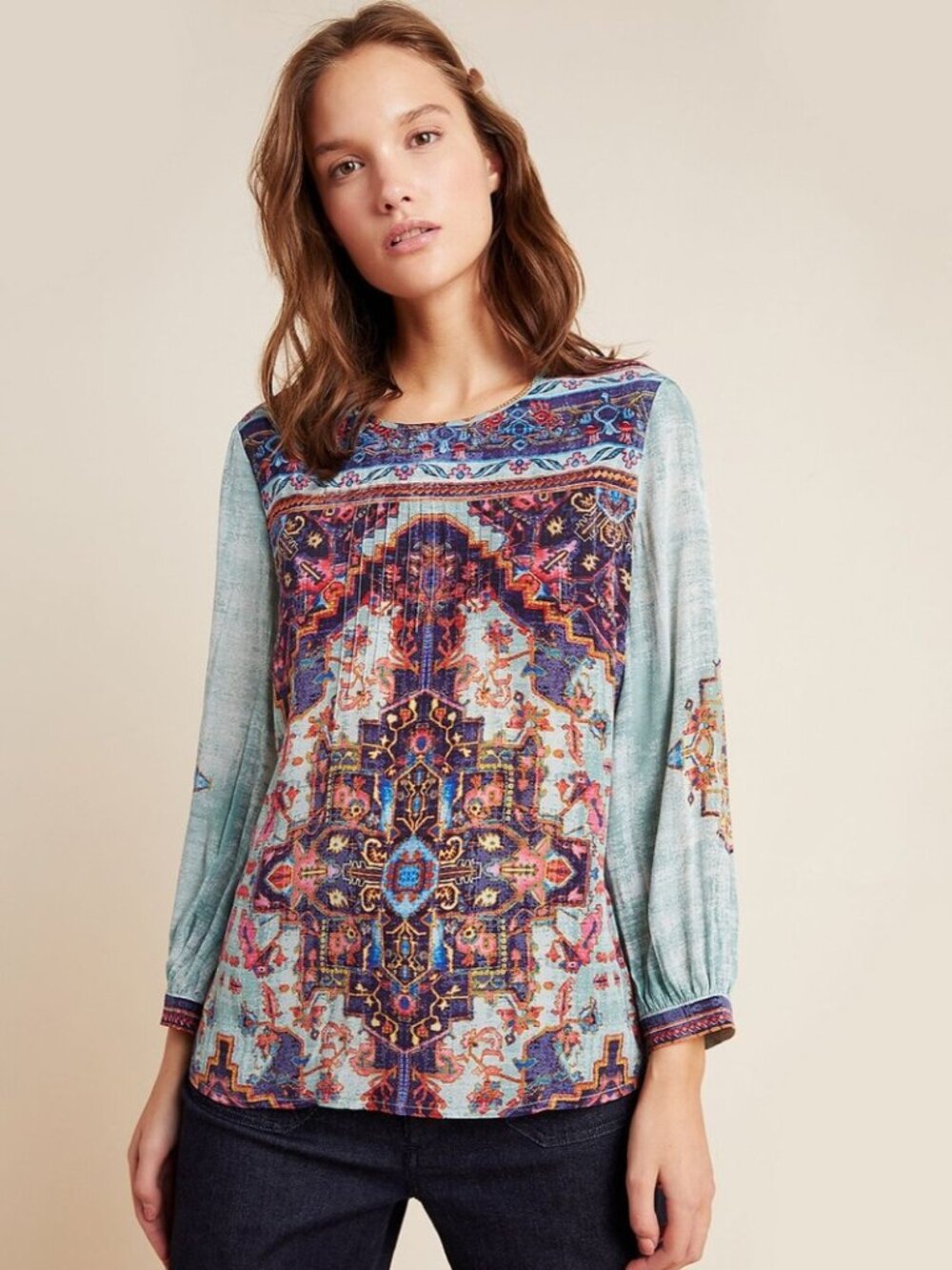ANTHROPOLOGIE SZ XS S M PRUDENCE BLOUSE BY VINEET BAHL BLUE MOTIF